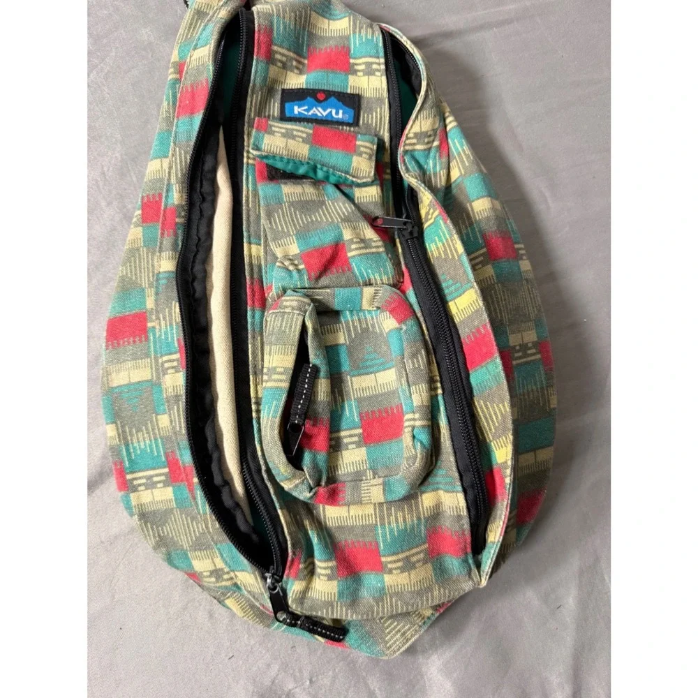 KAVU Rope Bag Canvas Sling Backpack Geometric Tribal Print Green Red Yellow